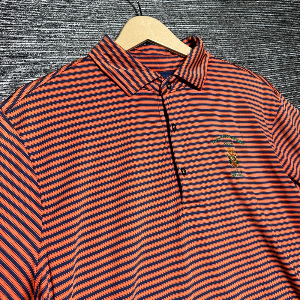 Fairway & Greene Polo Shirt Men's L Blue Orange Striped Hubert Schoemaker USA